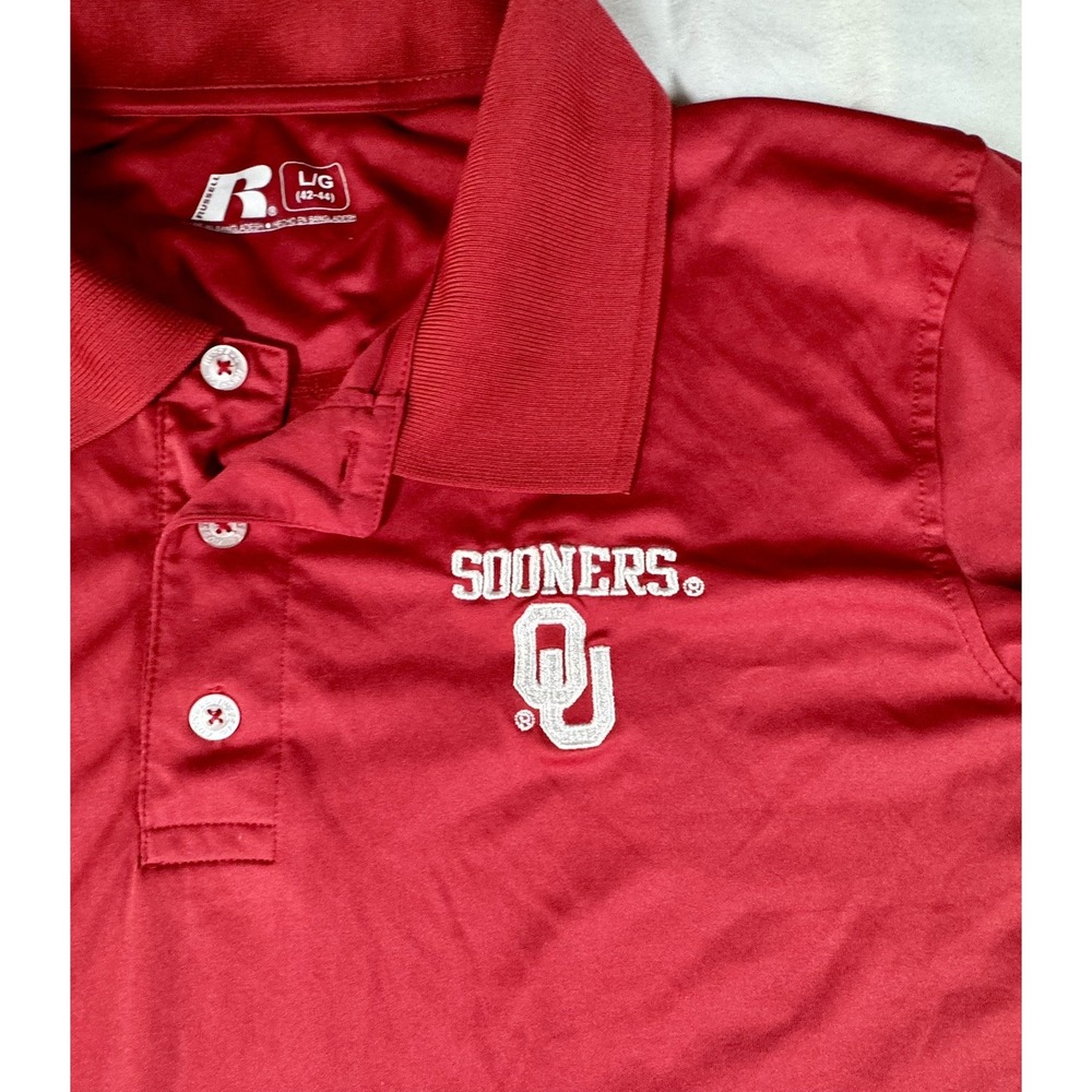 NCAA Oklahoma Sooners OU Russell Size L Red Polyester Big Logo Polo Golf‎ Shirt - Picture 5 of 9